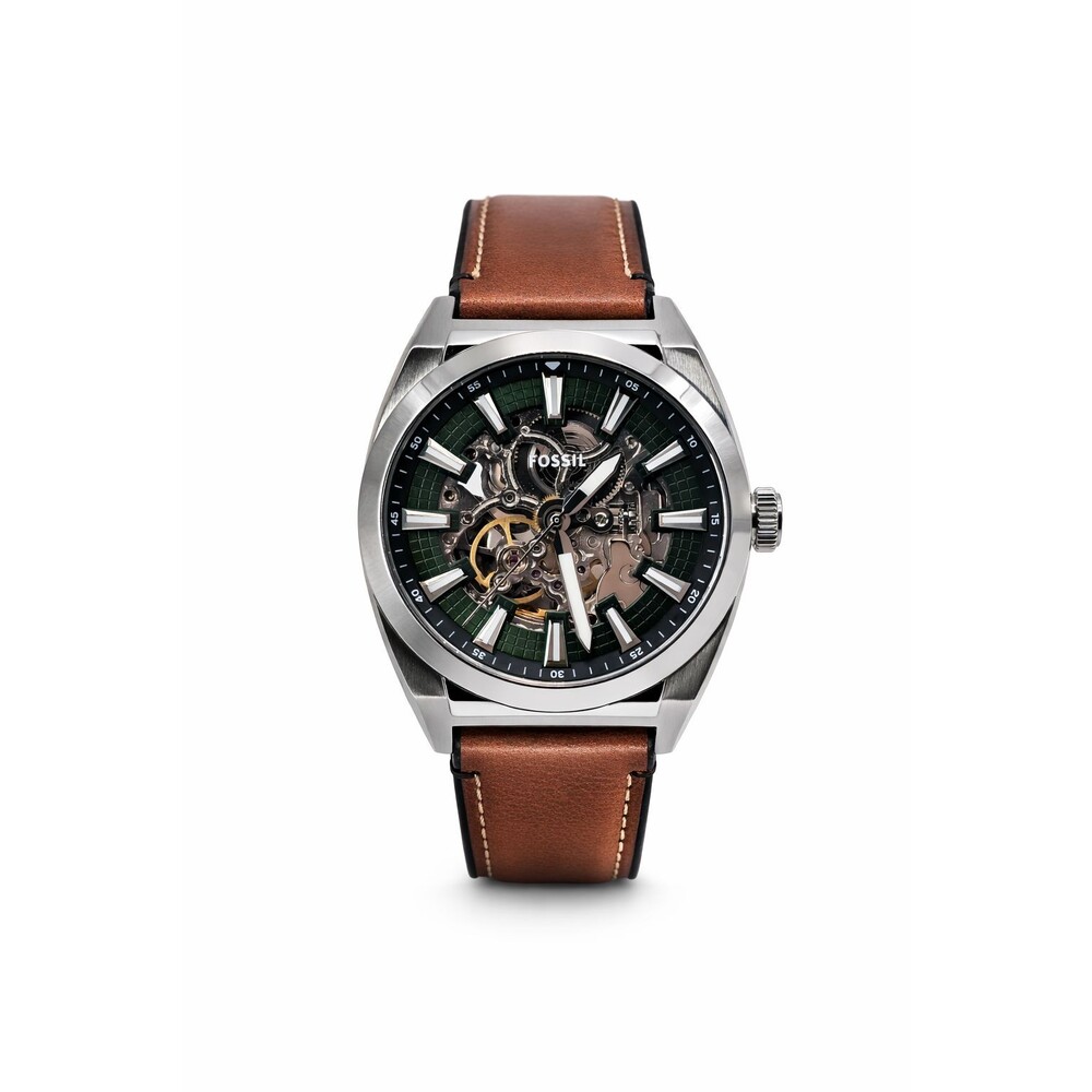 Fossil Everett Men's Automatic Green Skeleton Dial Brown Leather Watch ME3261